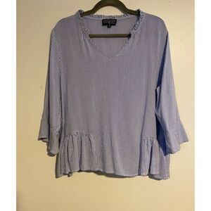 Duffield Lane Striped Blue & White Womens XL Ruffle Hem Rayon Top Bell Sleeve